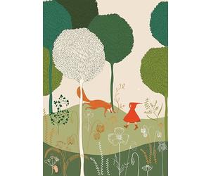 Rasch Papel pintado 557480 - Papel pintado fotográfico sobre fieltro con Caperucita Roja en el bosque en verde, beige y rojo de la colección Onszelf Stories - 2,80 m x 2,00 m (largo x ancho)