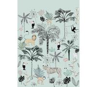 Rasch Papel pintado 842197 - Papel pintado fotográfico sobre fieltro con palmeras, hojas y animales en gris, azul y negro de la colección Onszelf Stories - 2,80 m x 2,00 m (largo x ancho)