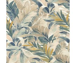 Rasch Papel pintado 865202 - Papel pintado con hojas de palma en beige, verde y azul, papel pintado con palmeras, 10,05 m x 0,53 m (largo x ancho)