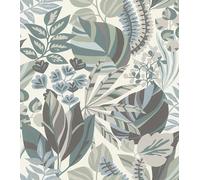 Rasch Papel pintado 867411 - Papel pintado no tejido con diferentes hojas en azul, verde, gris y blanco crema de la colección Symphony - 10,05 m x 0,53 m (largo x ancho)