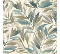 Rasch Papel pintado 867640 - Papel pintado no tejido con hojas en azul claro, verde oliva, azul oscuro y blanco de la colección Symphony - 10,05 m x 0,53 m (largo x ancho)