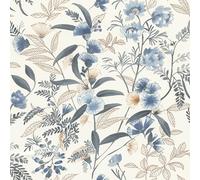 Rasch Papel pintado 869125 - Papel pintado no tejido con flores y hojas en azul, amarillo dorado, marrón y blanco de la colección Symphony - 10,05 m x 0,53 m (largo x ancho)