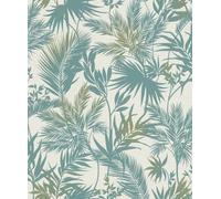 Rasch Papel pintado de fieltro con textura botánica en blanco y turquesa para un ambiente exótico en la selva - Fácil de empapelar y pintar - 10,05 m x 0,53 m