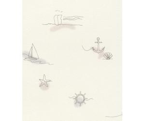 Rasch Papel pintado no tejido con diseño de ancla, estrella de mar, velero y timón - Papel pintado texturizado en color beige para un ambiente marítimo - Fácil de empapelar y pintar - 10,05 m x 0,53 m