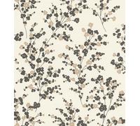 Rasch Papel pintado no tejido, diseño de flores y ramas, color blanco, negro y dorado para un ambiente natural de vivienda, resistente y lavable, 10,05 m x 0,53 m