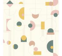 Rasch Papel pintado no tejido diseño retro abstracto de vinilo geométrico en crema, verde, rosa y amarillo, para un ambiente moderno - Resistente y lavable - 10,05 m x 0,53 m
