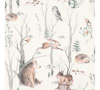 Rasch Papel pintado 300048 con animales del bosque en color beige, marrón y verde; papel pintado para habitación infantil - 10,05 m x 0,53 m (largo x ancho)