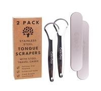 Raspador de lengua de acero inoxidable para adultos (paquete de 2 con 2 fundas de viaje de acero, limpiadores de lengua que reducen el mal aliento, raspador de lengua 100% metálico con caja de metal