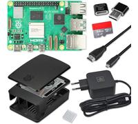 Raspberry Pi 5 - Kit de iniciación de 4 GB, fuente de alimentación USB-C de 27 W, carcasa con ventilador, tarjeta SD de 64 GB, cable micro HDMI, color negro