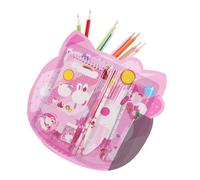RASTKY Conjunto de Papelería de Dibujos Animados para Niños, Regla de Borrador de Lápiz de Aprendizaje Divertido, Conjunto de Cuaderno para álbum de Recortes, Material Plástico Rosado
