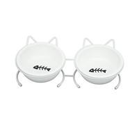 RASTKY Cuencos Dobles de Cerámica para Gatos con Soporte de Metal, ángulos de Inclinación de 15° para Comer Fácilmente, Diseño Ancho y Poco Profundo para Gatos Felices, Pies Antideslizantes para