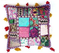 Rastogi artesanías Multi Color Sari Patchwork - Funda de cojín Beaded decorativo Sari Pearl y Cowrie carcasa trabajo indio étnico Square Funda de almohada