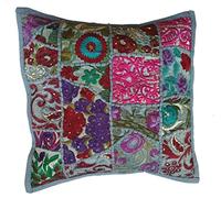 Rastogi Handicrafts Cojín de retazos hecho a mano, funda de cojín con parche de sari, fundas de almohada étnicas indias bordadas (gris)