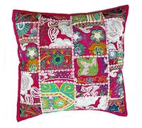 Rastogi Handicrafts Cojín de retazos hecho a mano, funda de cojín con parche de sari, fundas de almohada étnicas indias bordadas (rosa)
