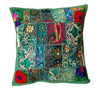 Rastogi Handicrafts Funda de cojín de retazos hecha a mano, con parche de sari, fundas de almohada étnicas indias bordadas (verde oscuro)