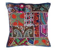 Rastogi Handicrafts Funda de cojín de retazos hecha a mano, con parche de sari, fundas de almohada étnicas indias bordadas, color azul oscuro