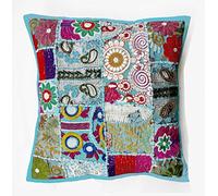 Rastogi Handicrafts Funda de cojín de retazos hecha a mano, con parche de sari, fundas de almohada étnicas indias, bordadas, color azul cielo