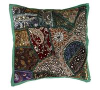 Rastogi Handicrafts Fundas de almohada decorativas, funda de cojín de algodón bordada, almohada de retazos, funda de cojín tradicional india hecha a mano (verde)