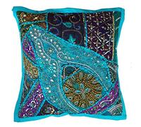 Rastogi Handicrafts Fundas de almohada decorativas, funda de cojín de algodón bordada, funda de cojín tradicional india hecha a mano (azul cielo)