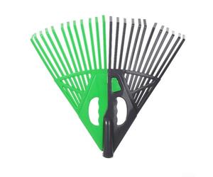 Rastrillo de césped para hojas y hierba, herramienta de jardín grande en forma de abanico con agarre cómodo, diseño de plástico resistente para un aseo eficiente del césped, verde y gris