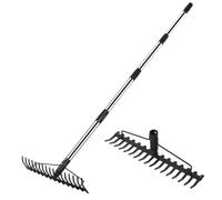 Rastrillo de jardín azada de 17 Dientes de Acero | Azada rastrillo de acero de 17 dientes, mango ajustable 122-194 cm, acero engrosado, barras de soporte dobles(1.2m)