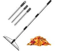 Rastrillo de jardín resistente con mango de acero inoxidable, 17 dientes de acero, herramienta de metal de doble cabeza para mantenimiento de césped y patio, 122 cm de largo