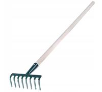 Rastrillo de metal KADAX, rastrillo plano con mango de madera, verde, 8 púas