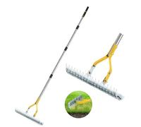 Rastrillo de paja de acero de 15 pulgadas con asa, herramienta de limpieza de césped resistente para césped muerto y aflojamiento del suelo, versátil aseo de patio y jardín