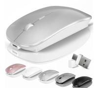 Ratón inalámbrico Bluetooth para MacBook Air Mac Pro Laptop PC Pad Mouse óptico recargable silencioso con modo jiggler interruptor de modo dual Bluetooth 5.2/3.0 y receptor USB-A y USB-C 2.4G plateado