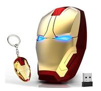 Ratón inalámbrico ergonómico Cool Iron Man Mouse 2.4G Ratón óptico portátil con receptor USB, para portátil, PC, portátil, computadora, Mac, Book, añade un llavero (dorado)