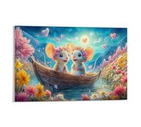 ratón mágico Pieza Única Dos ratones Coronas de flores Barco Corazón Cielo Arte Para Paredes De La Casa Pantalla De Lienzo Para Jardín Infantil Arte De Pared Removible Decoración 08x12inch(20x30cm)