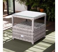 Rattan Park Modern Outdoor Glass Top Dining Table Set with Woven Stools, Metal Frame, Storage Shelf, Green Accents - for Patio, Yard, Garden
