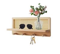 Rattan Shelf para sala de estar, Boho Rattan Shelf for Study Room, Farmhouse Style Wall Shelf with Hooks, Rattan Wall Organizer for Nursery, Decorative Wooden Shelves for Entryway, Rustic Rattan