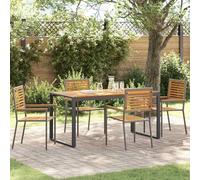 Rattán sintético y acacia para jardín y terraza rectangular Gris 160x80x75 | Conjunto Comedor Jardín 5 uds Gris y Marrón con Mesa Rectangular, Sillas de Ratán Sintético y Madera Acacia para Patio