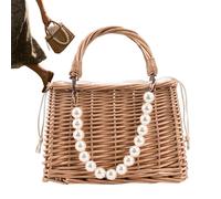 Rattan Woven Purse - Large Capacity Artificial Wicker, Stylish Ribbon Accent, Summer Straw Handbag | Pearl Embellished Beach Tote, Elegant Women Fashion Satchel For Dating Music Festival