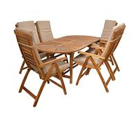 Rattanland GSB2 Bristol Juego de muebles de jardín con 6 sillas Ascot, madera exótica, certificado FSC de acacia (cojines beis), mesa de 195 x 90 72 cm