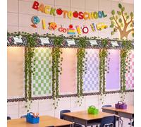 RattanView Juego de 24 piezas/6 juegos de decoración de toldo de regreso a clases, cuaderno de composición, tablón de anuncios, decoración de toldo, póster de papel, luz LED cálida, vid de uva