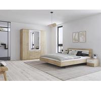 Rauch Möbel Dormitorio Burano, compuesto por 1 cama de 180 x 200 cm, 2 mesitas de noche de 40 x 36 x 40 cm, 1 armario con espejo y corona de 181 x 212 x 54 cm, color roble Sonoma con asiento en blanco