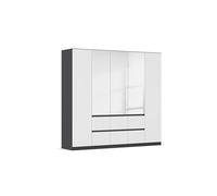 Rauch Möbel Mainz Armario con Puertas giratorias, Color Blanco y Gris metálico, Negro, Espejo de 5 Puertas, 6 cajones, Paquete de Accesorios, 3 estantes, 3 Barras para Ropa, sin Mango, 226 x 210 x 54
