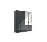 Rauch Möbel Modern by Quadra Spin - Armario con Puertas giratorias, Color Gris Metalizado y Cristal basalto, Negro, 4 Puertas con Espejo, Incluye 2 Barras, 2 estantes, 2 cajones, 181 x 210 x 54 cm