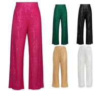 Rave Outfit Damen Lange Hose High Waist Palazzohose mit Pailletten Freizeithose Einfarbig Partyhose mit gefüttert Tanzhosen Straight Leg weite Beine Hose Glitzer hose Damen Lang, dorado, 6 1/2 HS