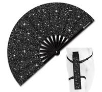 Raveahem Abanico de mano plegable grande con purpurina con funda para hombres y mujeres, ventilador de mano para EDM, festival, club, fiesta, baile, negro