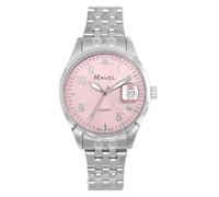 Ravel Plus - Reloj Calendario 3ATM Redondo de 34 mm para Mujer con Cristal Revestido de Zafiro y Esfera con Efecto Rayos de Sol - Cuarzo Analógico Japonés - RPD-005LB - Acero Inoxidable/Esfera Rosa