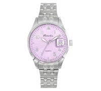 Ravel Plus - Reloj Calendario 3ATM Redondo de 34 mm para Mujer con Cristal Revestido de Zafiro y Esfera con Efecto Rayos de Sol - Cuarzo Analógico Japonés - RPD-006LB - Acero Inoxx/Esfera Morada
