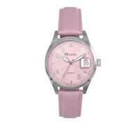 Ravel Plus - Reloj Calendario 3ATM Redondo de 34 mm para Mujer con Cristal Revestido de Zafiro y Esfera con Efecto Rayos de Sol - Cuarzo Analógico Japonés - RPD-005L - Rosa/Esfera Rosa