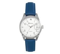 Ravel Plus - Reloj Calendario 3ATM Redondo de 34 mm para Mujer con Cristal Revestido de Zafiro y Esfera con Efecto Rayos de Sol - Cuarzo Analógico Japonés - RPD-008L - Azul/Esfera Plateada