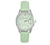 Ravel Plus - Reloj Calendario 3ATM Redondo de 34 mm para Mujer con Cristal Revestido de Zafiro y Esfera con Efecto Rayos de Sol - Cuarzo Analógico Japonés - RPD-007L - Verde/Esfera Verde