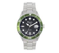 Ravel Plus - Reloj Calendario 5ATM Redondo de 42 mm para Hombre con Bisel Giratorio Unidireccional y Cristal Recubierto de Zafiro - Cuarzo Analógico Japonés - RPD-010MB - Acero Inoxx/Bisel Verde