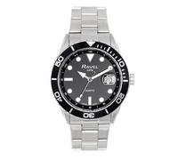 Ravel Plus - Reloj Calendario 5ATM Redondo de 42 mm para Hombre con Bisel Giratorio Unidireccional y Cristal Recubierto de Zafiro - Cuarzo Analógico Japonés - RPD-009MB - Acero Inoxx/Bisel Negro