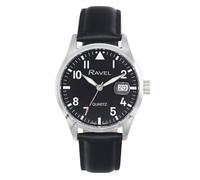 Ravel Plus - Reloj Calendario Redondo de 40 mm para Hombre con Cristal Revestido de Safiro y Esfera con Efecto Rayos de Sol - 3ATM - Cuarzo Analógico Japonés - RPD-003M - Negro/Esfera Negra
